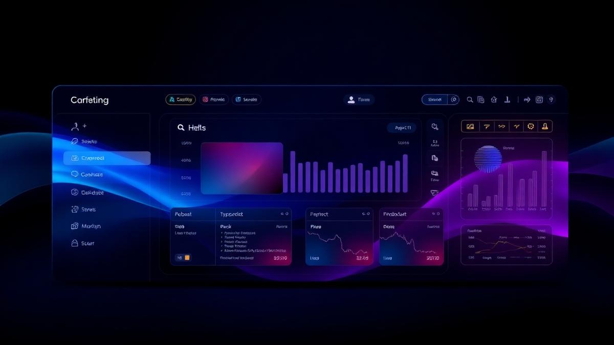 Organised reseller business workflow concept with dark glass cards and blue purple gradient accents